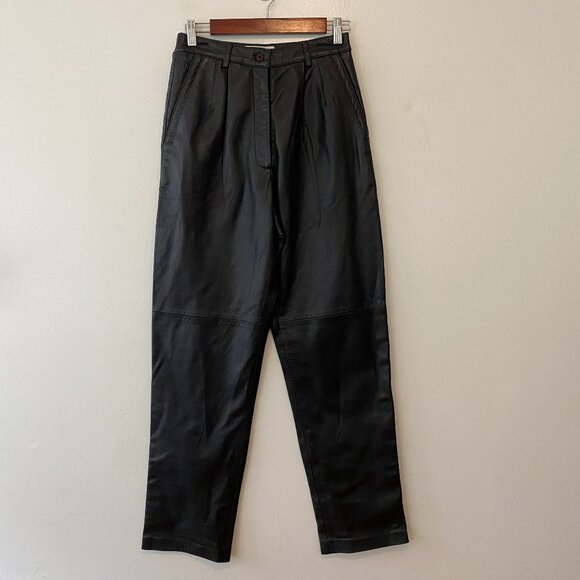 Vintage Margaret Godfrey Black Pleated Leather Pants Womens 8 - Picture 1 of 8